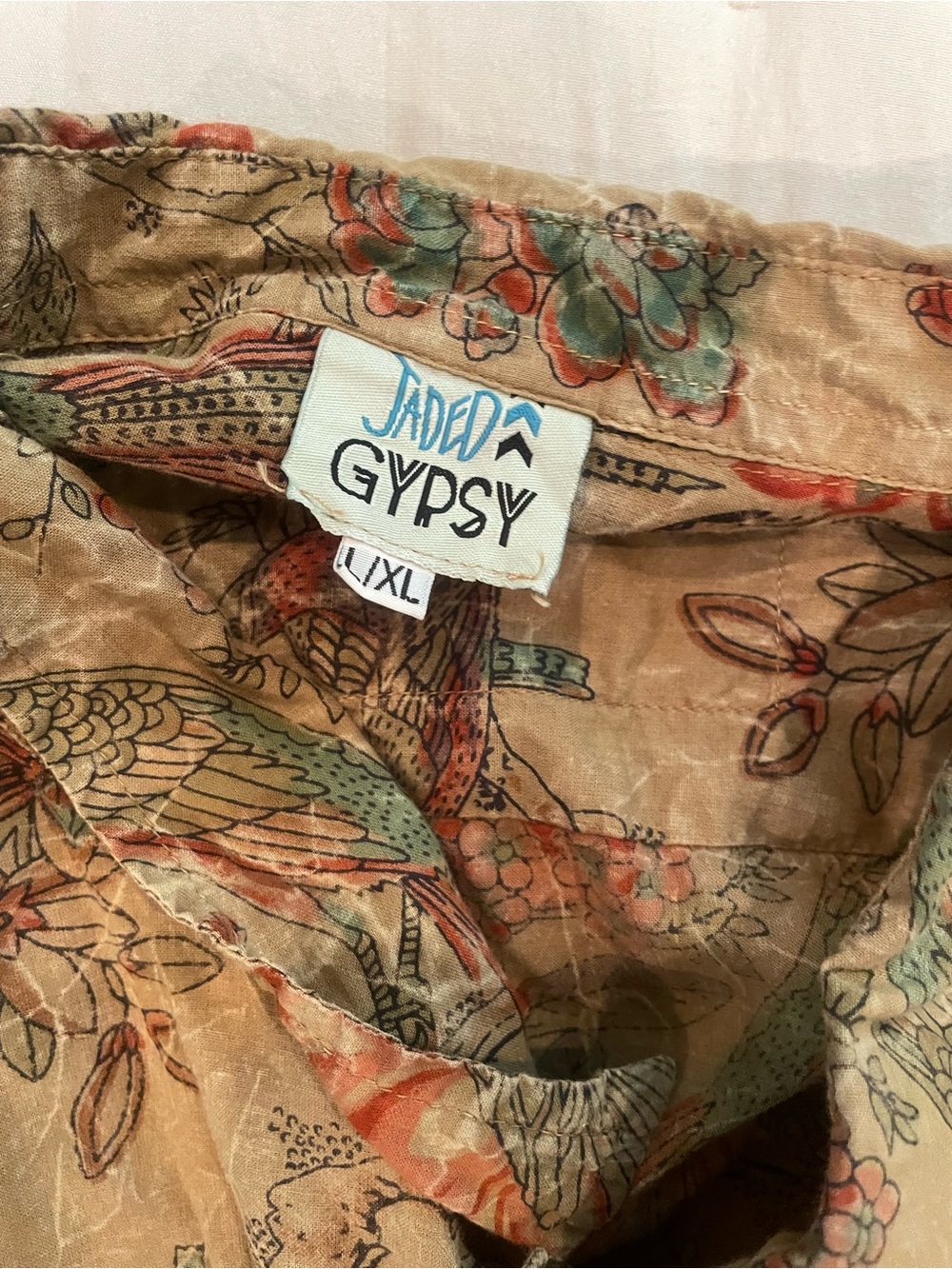 Jaded Gypsy  Floral Patchwork Button-Up - Beige with Coral & Teal Accents. L/XL - Picture 3 of 3